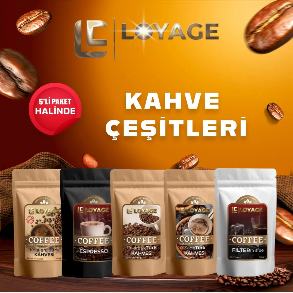 5'li Kahve Seti Espresso - Filtre - Sade - Kolajenli - Çekirdek Türk Kahvesi 5 x 250g